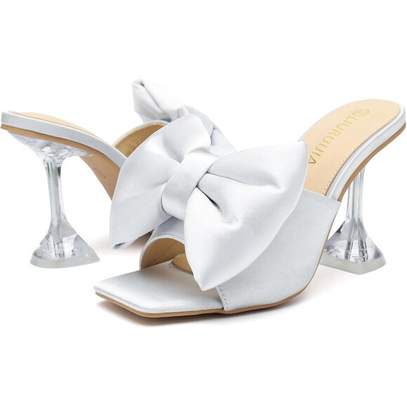 Women's Bow High Heels Mules Dress Sandals Slip On Party Wedding Bridal Silver - Picture 8 of 8